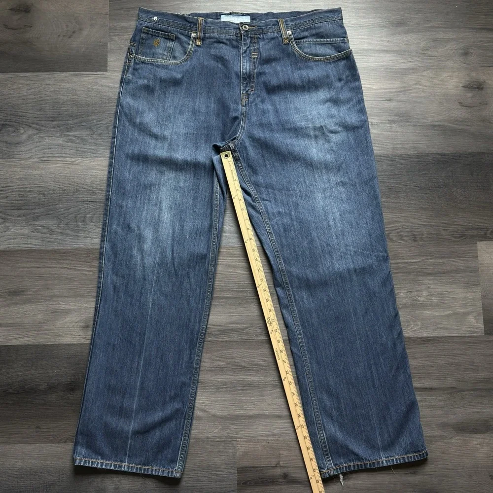 Rocawear Baggy Wide Leg Embroidered Snake Jeans Mens 42x34 Y2K Distressed Blue